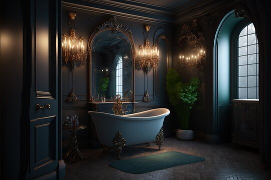 Vintage Luxury Bathroom Interior Design With Retro Style Furniture, Wallpaper And Accessories In A Beautiful Trendy Scene Of Classic Victorian Style