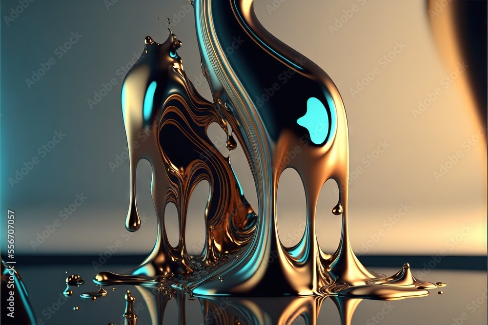 Poster a computer generated image of a liquid apple logo and a liquid apple logo on a reflective surface wi