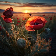 a field of red flowers with the sun setting in the background and a few clouds in the sky above.