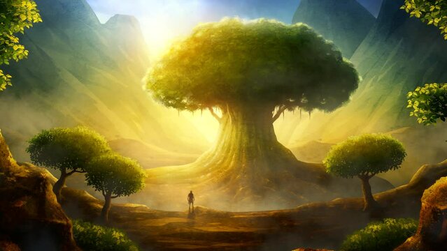 A giant ancient tree is seen in the distance by a tiny human figure in a fantasy landscape. Camera movement advance. Digital painting and 3d rendering