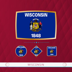 Set of Wisconsin flags with gold frame for use at sporting events on a burgundy abstract background.