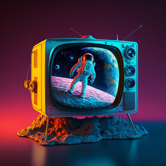 Ai generated image of a television on the moon showing an astronaut on the moon. Created using ai generative. 
