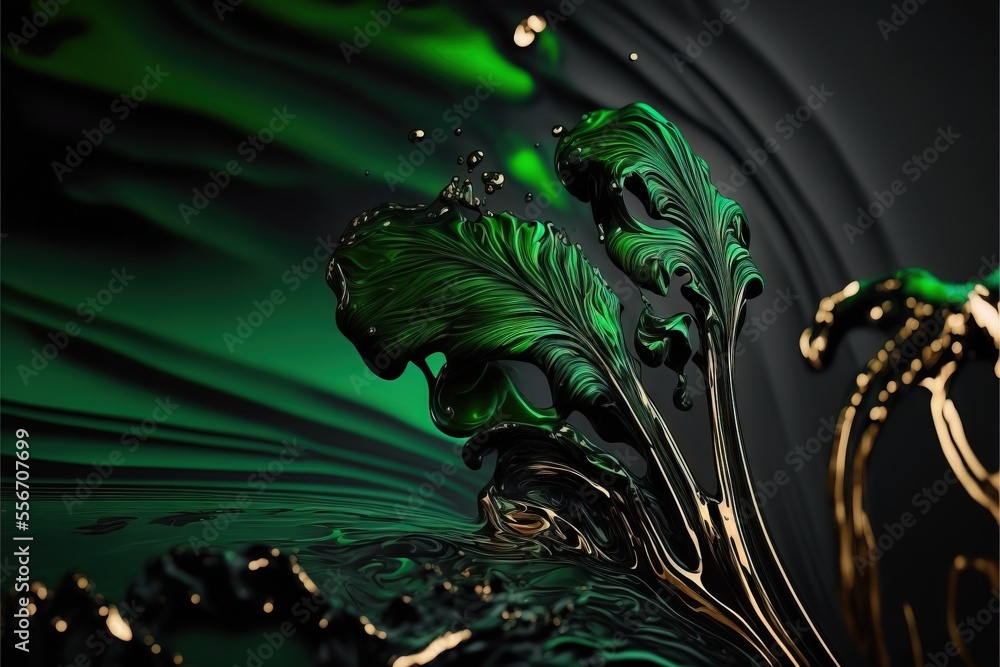 Poster a green and black abstract background with a leafy design on it's side and a swirly wave of water., 