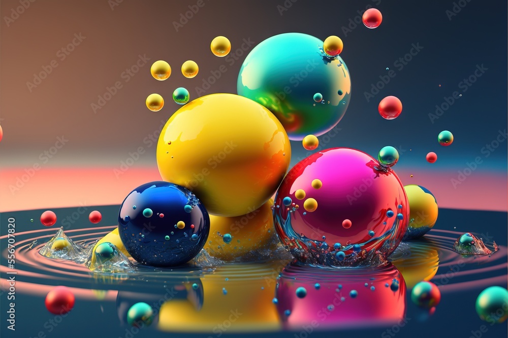Poster a group of balls floating in a pool of water with bubbles on the surface of the water and on the sur
