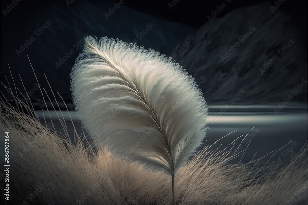 Poster a feather is sitting on a table with a mountain in the background and a black background with a whit