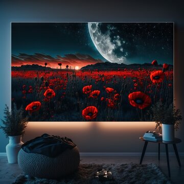 A Painting Of A Field Of Poppies With A Full Moon In The Background And A Red Sky With Stars.