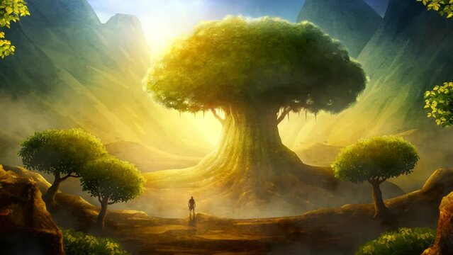 A giant ancient tree is seen in the distance by a tiny human figure in a fantasy landscape. Camera scrolling to the right. Digital painting and 3d rendering