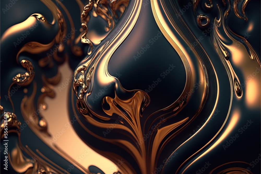 Poster a gold and black abstract background with a wavy design on it's side and a gold and black swirl., ge