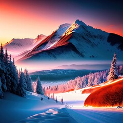269808761-dreamlikeart, Winter mountain landscape at sunrise ### Deformed, blurry, bad anatomy, disfigured, poorly drawn face, m  - obrazy, fototapety, plakaty
