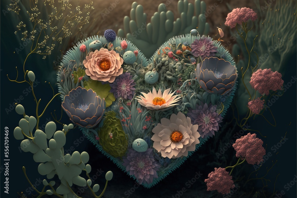 Poster a heart shaped box with flowers and cactuses inside of it on a dark background with a cactus and cacti., generative ai