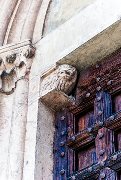 Sculpture of a lion above the portal of the church of San Francesco, dating to the late 13th century, built in Romanesque style, in Lodi, Lombardy, northern Italy.