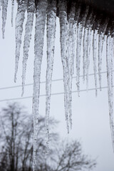 Big icicles on the roof of a townhouse.  Roof of home covered with icicles in winter. Dangerous problem