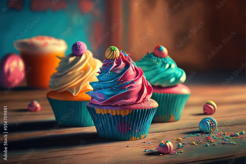 Poster a group of cupcakes with different colored frosting on them on a table with candy balls and candies.