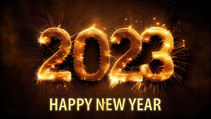 A happy new year 2023 celebration card showing fireworks style text with a yellow glow and a sparkle effect, Generative AI