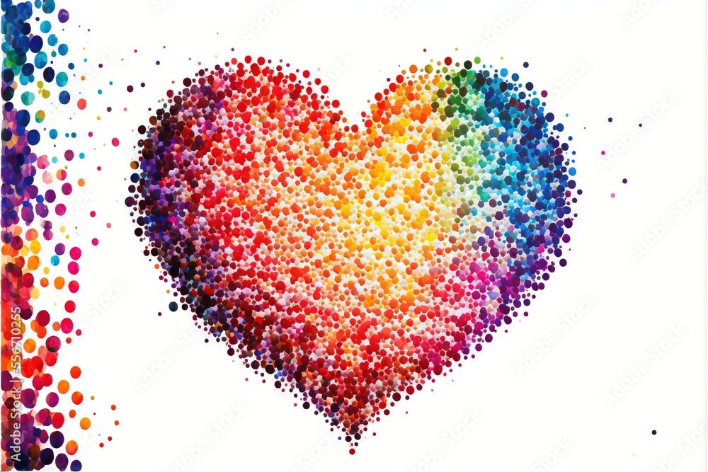 Poster a heart made of small dots on a white background with a rainbow border around it and a white backgro