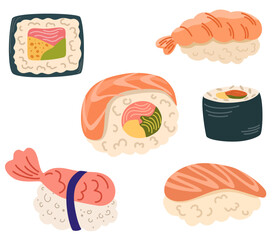 Sushi set. Asian Food. Perfect for restaurant cafe and print menus. Vector hand draw cartoon illustration.