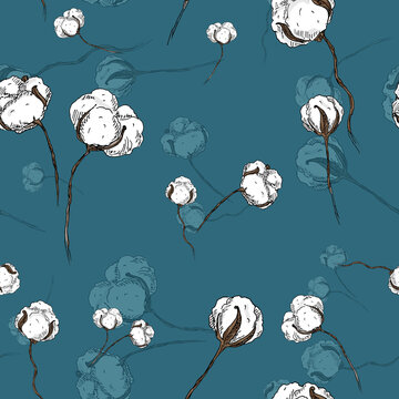 White cotton flowers - hand drawn seamless pattern on navy blue color background