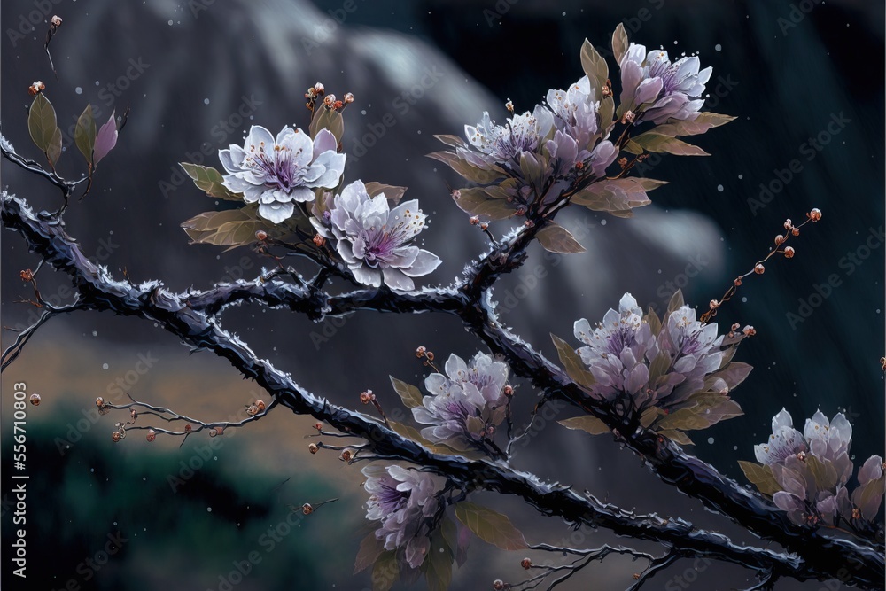 Poster a branch with flowers and leaves in the snow with a mountain in the background in the background is 