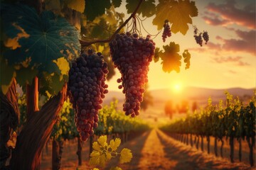 a bunch of grapes hanging from a vine in a vineyard at sunset or dawn with the sun setting behind them. Generative AI - obrazy, fototapety, plakaty