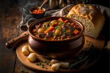 a bowl of stew with bread and vegetables on a cutting board with a spoon and a knife on the side.