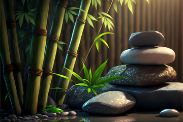 Fototapeta na wymiar Background Nature Bamboo and stones in a wellness spa, meditation, relax, dark background, wallpaper, illustration digital generative ai design art style
