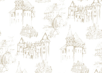 Seamless pattern of medieval castles and houses.  In style Toile de Jou. Suitable for fabric, wrapping paper and the like