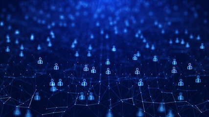 concept of social media technology communication network connection There are interconnected polygons with people icons scattered on a dark blue background.