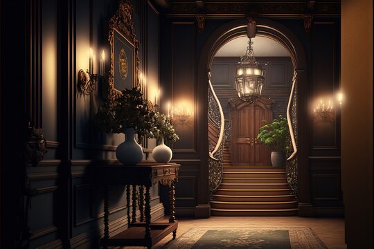 Vintage Luxury Foyer Or Entrance Hall Interior Design With Retro Style Furniture, Wallpaper And Accessories In A Beautiful Trendy Scene Of Classic Victorian Style