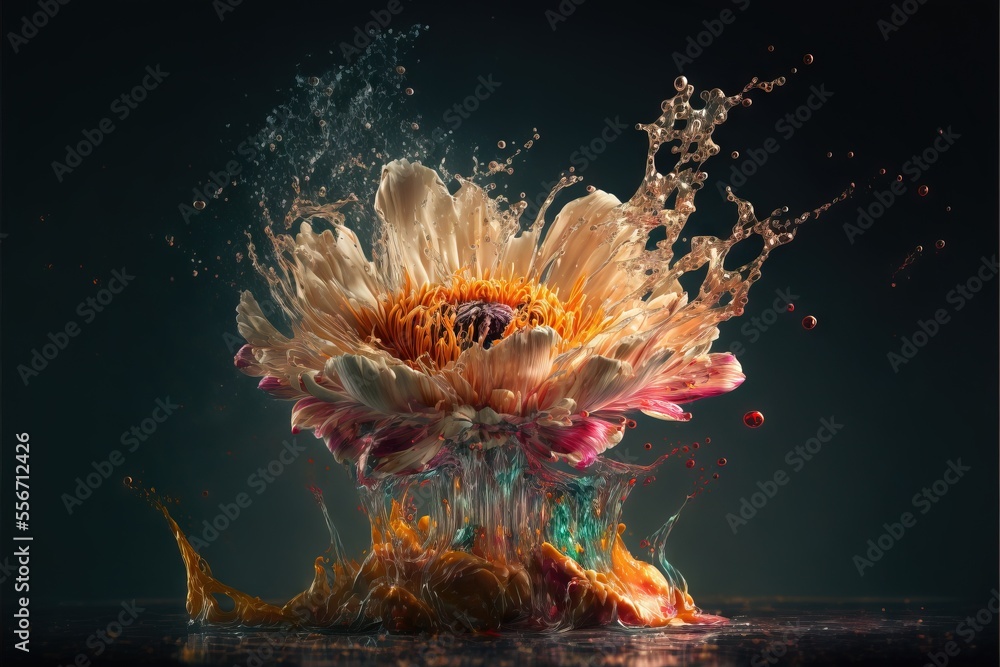 Poster a flower is splashing into a glass vase with water on it and splashing on the glass surface., genera