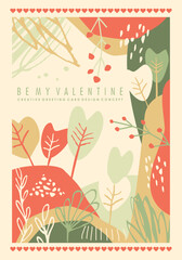 Valentines day greeting card design layout. Beautiful landscape with heart shape trees and plants. Holiday flyer vector illustration.