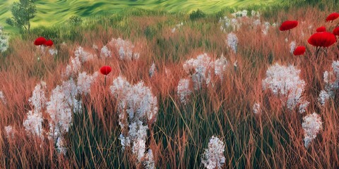 Grass with different colors flower between beautiful seen of  mountains landscapes