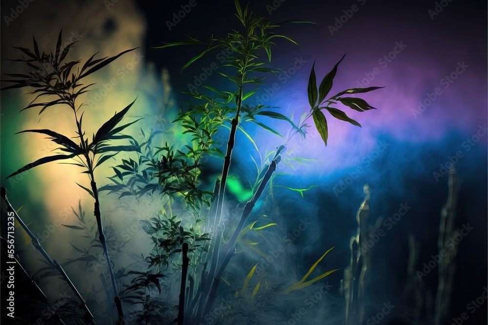Poster a group of plants with a rainbow background in the background and a black background with a green., 