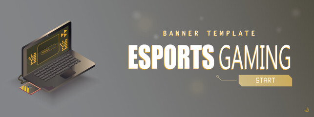 Electronic sports banner with isometric 3d laptop against the grey gradient background with copy space © Mykola