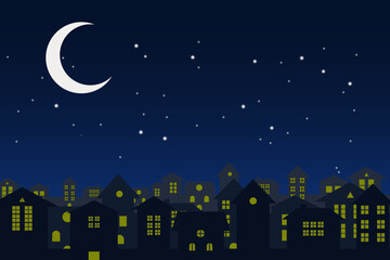Obraz na płótnie Canvas Night city full moon with stars on a cloudy night sky.