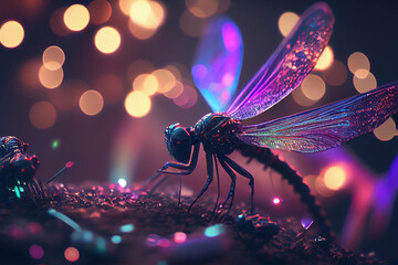 Fototapeta surrealistic shiny dragonfly on bokeh background lights obraz