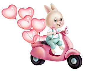 Little Bunny on a pink scooter with balloons