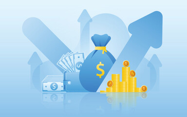 Financial management concept and investment, Flat design of payment and finance with money, cash, banknote, calculator and credit card. Vector Illustration and banner template.