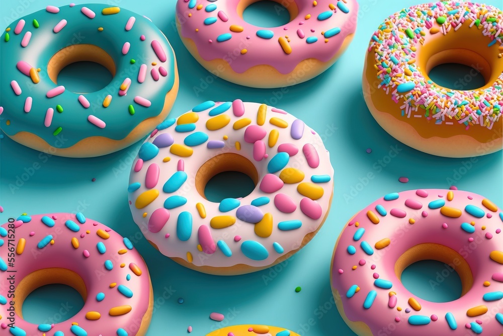 Poster a group of donuts with different toppings on a blue surface with sprinkles and dots., generative ai