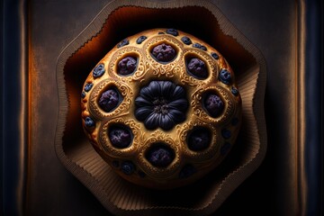 a round pastry with blueberries in it on a brown plate with a brown background and a brown paper bag.