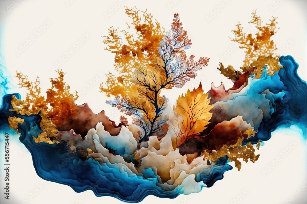 Poster a painting of a tree with leaves on it's branches and water in the background., generative ai