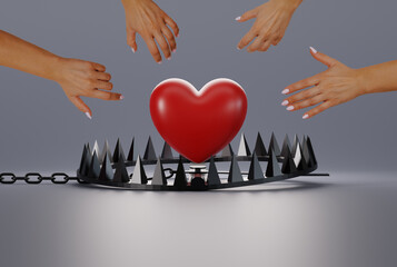 Woman hands try to catch heart over a snare, a trap on a light background. The concept of being...