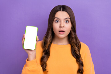 Photo of impressed cute lady user showing display impressed new functions modern smartphone...