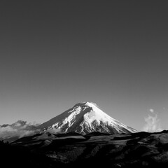 Light volcanic activity of the Cotopaxi volcano in black and white, Cotopaxi national park, Quito, Ecuador.