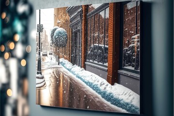 a picture of a snowy street with a street light and a building in the background with a snow covered sidewalk.