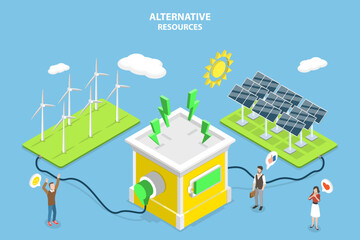 3D Isometric Flat Vector Conceptual Illustration of Alternative Resources, Backup Power Green Energy Storage System
