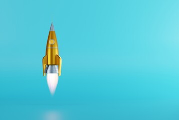 Rocket taking off against a blue background. Take-off, business concept. Following goals, climbing, getting promoted. 3D render, 3D illustration.