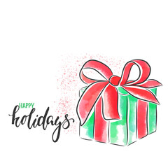 Holiday card with big gift, watercolor illustration, happy holidays