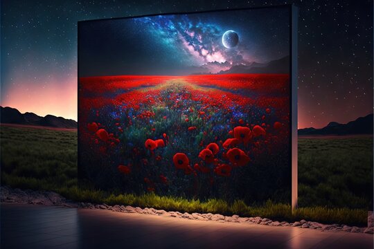 A Painting Of A Field Of Flowers With A Full Moon In The Background And A Red Sky With Stars.