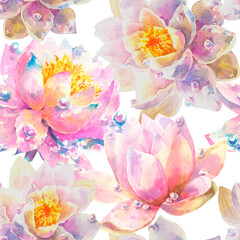 Watercolor Seamless Pattern with Romantic flowers of water lily on white background.