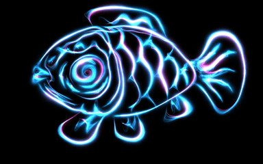 Glowing fish. Blue neon oceanic or tropical sea, resident. Futuristic digital hologram on black background. Illustration luminescent style.